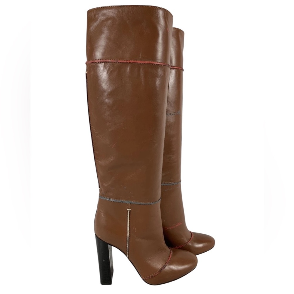 Fendi Authenticated Leather Knee-High Heeled Boots Brown Pink Soles EU 36